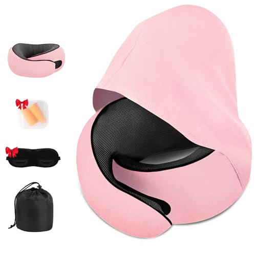 Travel Neck Pillow, Newly Upgraded Hooded Neck Pillow,100% Pure Memory Foam Travel Pillow for Flight Headrest Sleep,Portable Aircraft Accessory,Suitable for use in Plane/Car/Office(Pink) - color: Pink