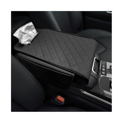 Car Center Console Cover, 13 × 7.1 × 3.0 Inch Leather Auto Armrest Cover with Pockets & Tissue Box, Waterproof Comfortable Center Console Cushion Pad for Cars Trucks SUVs (Black) - color: Black