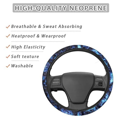 AFPANQZ Skull Blue Flame Automotive Steering Wheel Covers Universal Fit 14 to 15 inch Steering Wheel Covers with Cloth for Women Keep Warm Comfort Grip Sweat Absorption Neoprene - color: Skull Blue Flame