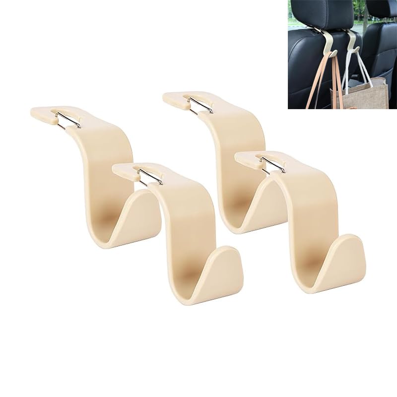 4-Pack 360° Rotating Car Headrest Hooks Vehicle Storage Organizer for Purses Handbags Groceries Coats – Holds 55lbs Simple Design with Clip Beige - color: Beige