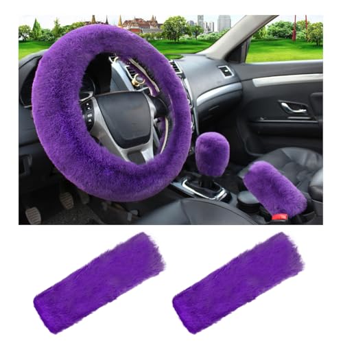 5 PCS Fluffy Steering Wheel Covers Set, Faux Wool Steering Wheel Cover & Handbrake Cover & Gear Shift Cover & 2 Seat Belt Shoulder Pads, Universal Car Accessories (Purple) - color: Purple