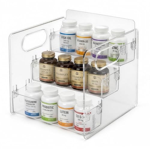 Plastic Vitamin Storage Organizer, 3-Tier Bottle Organizer for Vitamin Bottles and Medicine Bottle, Pill Bottle Organizer for Countertop, Bathroom Cabinet and Makeup Storage Items