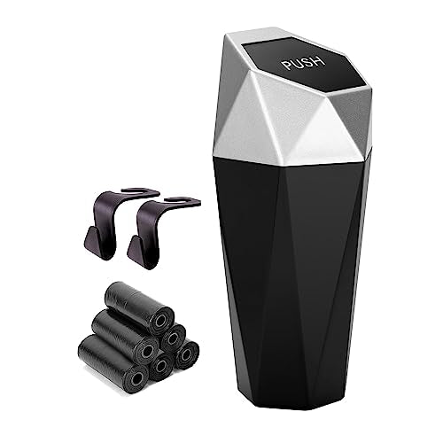 Ginsco Car Trash Can Cup Holder, Mini Car Trash Can with Lid, Car Accessories for Interior, Leakproof Small Trash Cup for Car, Home with 2 ABS Hooks and 90pcs Trash Bags Silver - color: Silver, size: 600ml