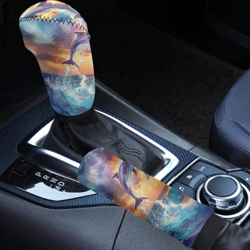 AFPANQZ Dolphin Car Gear Shift Cover Set, Car Gear Shift Knob Cover & Hand Brake Cover Women's Car Interior Accessories Universal Fits Most Vehicles Trucks Sedans - color: Cartoon Dolphin
