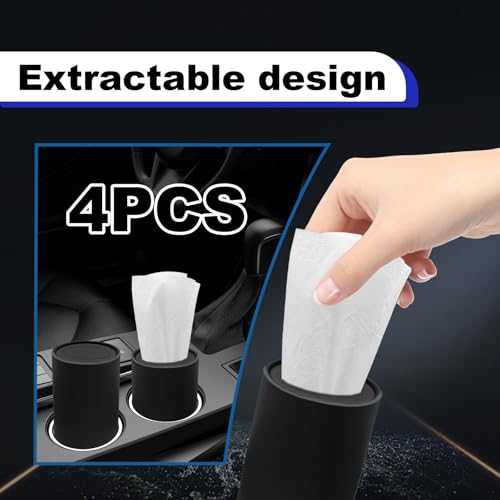 4PCS Car Tissue Holder, Pull Out Cars Tissue Holder, Refillable Tissues Cylinder Travel Tissue Tubes Box Container Multifunctional Car Tissue Box Fits for Cup Holder Round (Black)