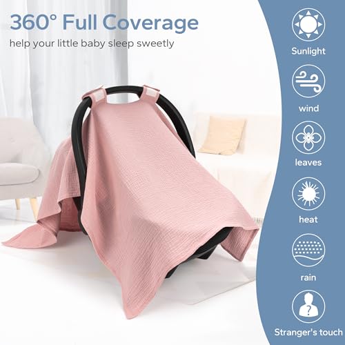 SERAPHY 100% Muslin Cotton Car Seat Cover Baby, Universal Carseat Covers, Breathable Baby Car Seat Canopy for Boys Girls, Soft Infant Car Seat Cover for Summer —Pink - color: Pink