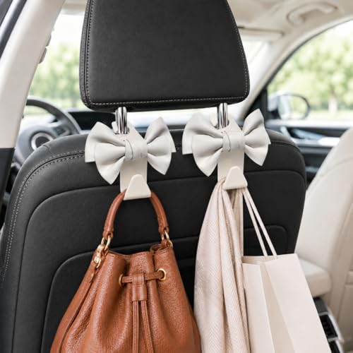2 Pack Car Purse Hooks, Cute Bow Car Seat Headrest Hook Hanger for Purses and Bags.(white) - color: white