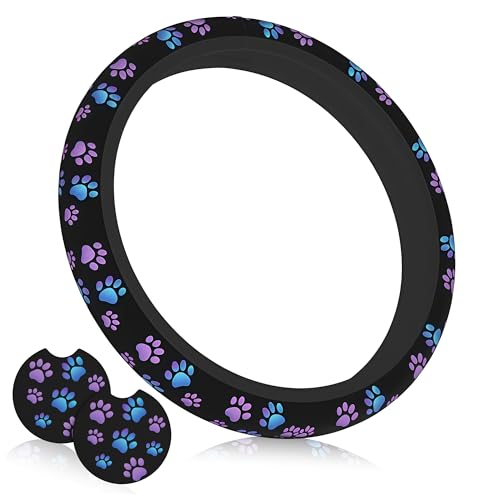 Purple Dog Paw Print Steering Wheel Cover Blue Dogs Prints Anti-Slip Breathable Universal for 14-15 Inch Car with 2 Pieces Car Coasters for Men/Women - color: Purple Dog