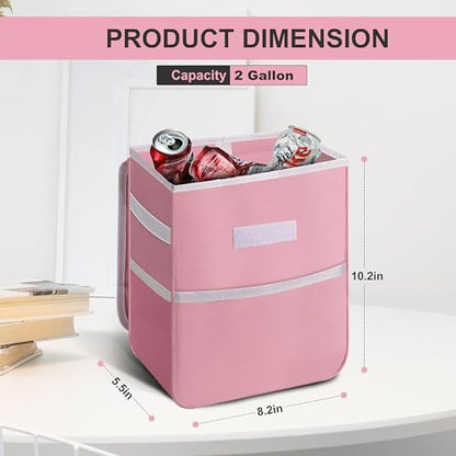Healsmart 2 Gallon Car Trash Can Lid and Storage Pockets, Leak-Proof Collapsible and Portable Organizer, Multipurpose Garbage Bin with Adjustable Straps, Pink