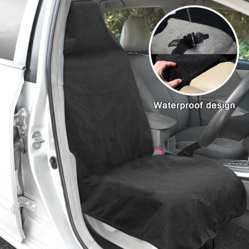 2PCS Car Towel Seat Cover, Waterproof Sweating Non-Slip Premium Soft Towel Carseat Protector, Universal Machine Washable Car Truck SUV Front Seat Cover for Gym Workout Beach Hiking (Black) - color: Black, 2pcs, Front