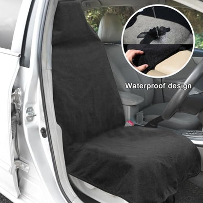 2PCS Car Towel Seat Cover, Waterproof Sweating Non-Slip Premium Soft Towel Carseat Protector, Universal Machine Washable Car Truck SUV Front Seat Cover for Gym Workout Beach Hiking (Black) - color: Black, 2pcs, Front