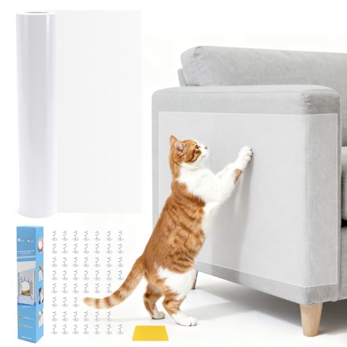 Anti Cat Scratch Furniture Protector - 118in*12in, Clear Couch Guards from Cats Scratch, Sofa Protectors from Pets Scratching, Door Protector from Dog Scratching, Self-Adhesive - 50 Pins - size: 118in*12in