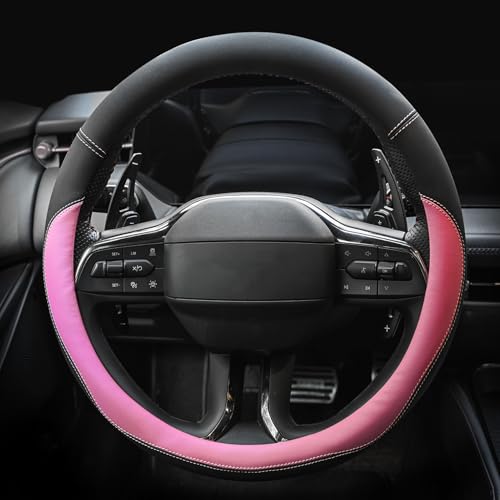 Valleycomfy Microfiber Leather Steering Wheel Cover Universal 15 inch(Pink) - color: Pink, size: Medium(Standard) Size[14.5"-15"]