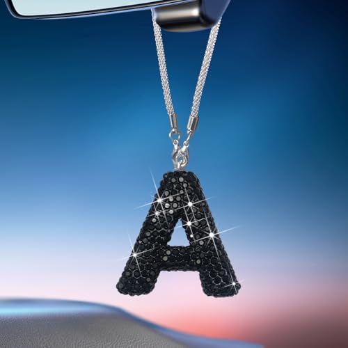 Letter A Bling Black Car Accessories Interior for Women, Interior Charm Rear View Mirror Cute Crystal Pendant Car Decorations for Men, Lucky Gifts Diamond Rhinestone - color: Black a