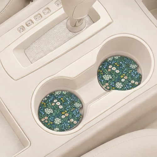 Ceramic Car Coasters, 2 Pack, 2.64" Absorbent Car Cup Holder Coasters, Cute Ceramic Car Coasters for Women, All-Over Floral Pattern - color: All-over Flower