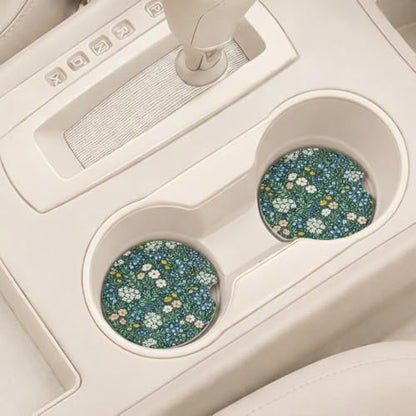 Ceramic Car Coasters, 2 Pack, 2.64" Absorbent Car Cup Holder Coasters, Cute Ceramic Car Coasters for Women, All-Over Floral Pattern - color: All-over Flower