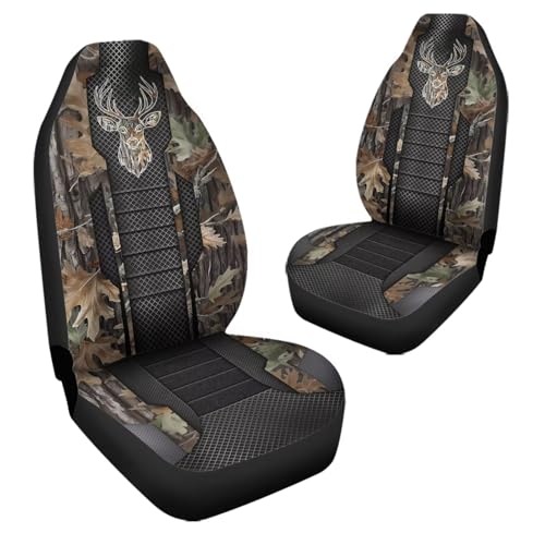 Camo Hunting Buck 2 Piece Car Front Seat Covers Only, Universal Washable Breathable, Waterproof Auto Seat Protector Cover - color: Green Camo hunting Buck
