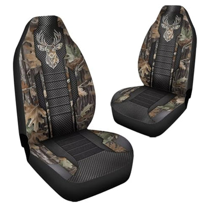 Camo Hunting Buck 2 Piece Car Front Seat Covers Only, Universal Washable Breathable, Waterproof Auto Seat Protector Cover - color: Green Camo hunting Buck