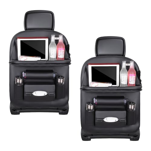 2PCS Car Backseat Organizer, Leather Multi-Pocket Seat Back Protector with Foldable Table Tray, Multifunctional Vehicle Storage Organizer Kick Mat for Kids Toddler Travel (Black)