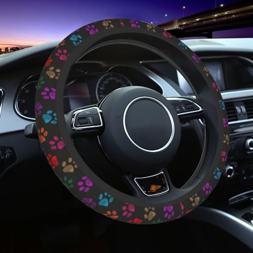 Paw Prints Steering Wheel Cover with 2 Car Coasters Non Slip Neoprene for Women Men Universal 15 Inch - color: Paw Prints