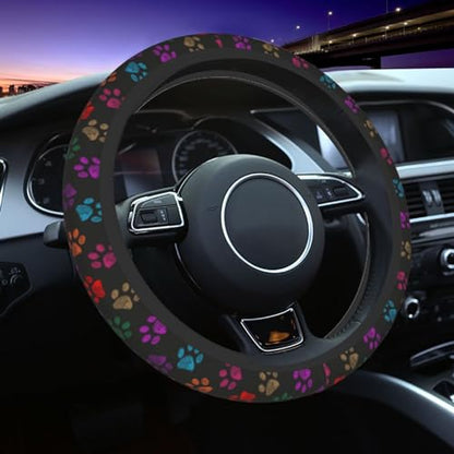 Paw Prints Steering Wheel Cover with 2 Car Coasters Non Slip Neoprene for Women Men Universal 15 Inch - color: Paw Prints