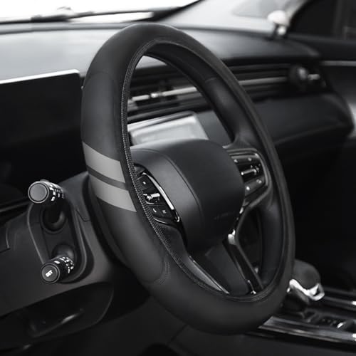 Premium Leather Steering Wheel Cover Compatible with Dodge Charger Challenger Durango RAM 1500 Cars, Universal Fit 14-15 Inch, Breathable, Comfortable Grip, Lightweight, Easy Install Accessory - color: Gray Dual Stripe