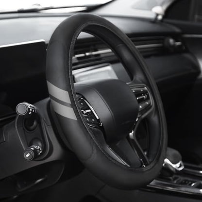 Premium Leather Steering Wheel Cover Compatible with Dodge Charger Challenger Durango RAM 1500 Cars, Universal Fit 14-15 Inch, Breathable, Comfortable Grip, Lightweight, Easy Install Accessory - color: Gray Dual Stripe