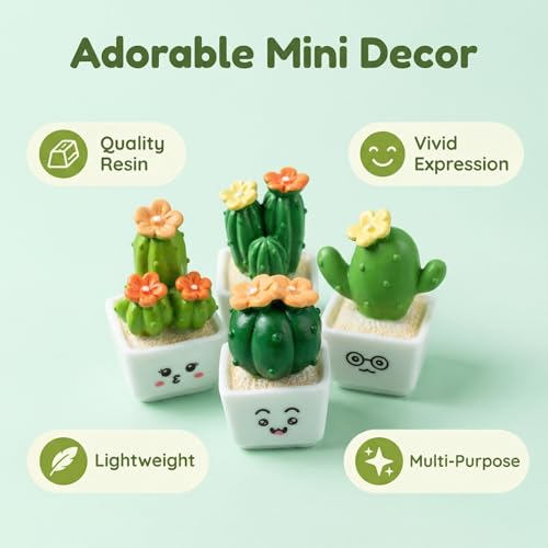 4 Pcs Mini Resin Cactus Figurines, Cute Car Dashboard Decor & Funny Rearview Mirror Ornaments, Fairy Garden Landscape Decor, Unique Gift for Succulent Lovers (Green Emotion Plants)