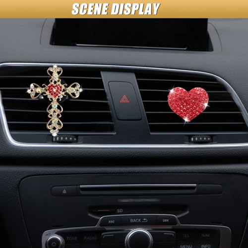 2PCS Bling Cross & Heart Car Dashboard Air Vent Trim Clip, Sparkly Rhinestone Car Air Vent Clips, Diamond Auto Diffuser Charm Clip, Auto Interior Decoration Accessory for Women Girls (Red) - size: Red