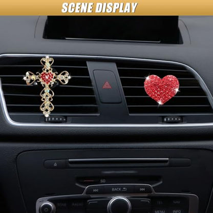 2PCS Bling Cross & Heart Car Dashboard Air Vent Trim Clip, Sparkly Rhinestone Car Air Vent Clips, Diamond Auto Diffuser Charm Clip, Auto Interior Decoration Accessory for Women Girls (Red) - size: Red