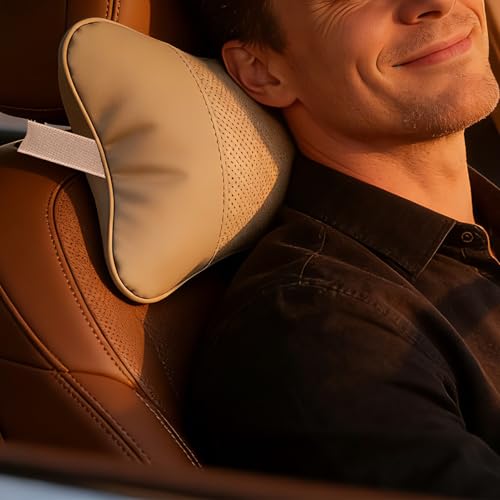 2 Pack Car Neck Pillow Soft Breathable Headrest Pillows for Driving Support, Universal Fit for Most Car Seats Decor Accessories（Beige White）