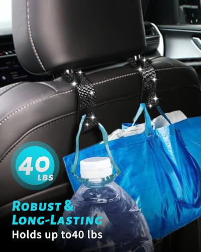 Sparkling Car Seat Hooks, 4 Pack, Black Purse Holder for Car Headrest, Chic Automotive Accessories for Women Essentials Handbag Clothes Coats Grocery Bags - color: Shadow Gem