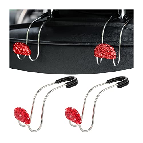 Car Headrest Hook, 2 Pack Bling Backseat Organizer Hanger for Purse Clothes Grocery Bag, Rhinestones Auto Headrest Storage Holder, Universal Car Seat Accessories for Most Vehicle (Red) - color: Red