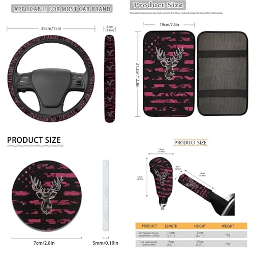 16 Pcs American Flag Printed Car Accessories Set for Women Men, Camo Deer Print Car Seat Cover Set with Steering Wheel Cover Seat Belt Cover Armrst Cover Car Seat Headrests Cover Cup Coaster - color: Pink and Black - American Flag Camo Deer
