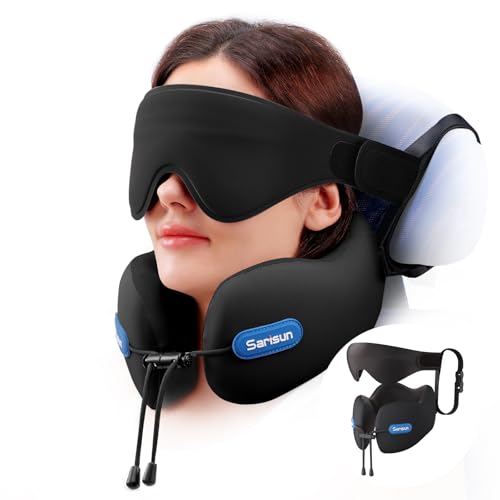 SARISUN Neck Pillow Airplane,Travel Pillow with Strap,Combo 3D Eye Mask for Sleep,Dual-Density Supportive Foam Travel Neck Pillow for Airplane Flights,Car Road Trip Travel Essentials Black - color: Black