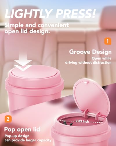 Pink Car Trash Can - Mini Leakproof Vehicle Trash Bin with Lid - Garbage Can for Car Cup Holder - Cute Passenger Princess Car Accessories - with 80 Pink Trash Bags