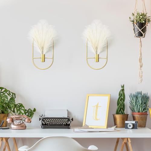 2 Pcs Boho Wall Decor Metal Gold Wall Art Hanging Planters with Artificial Pampas Modern Home Decor Display Art for Living Room Bedroom Bathroom(Oval) - style: Oval