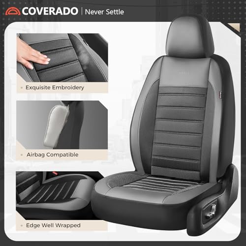 Coverado Car Seat Covers Front Seats, Luxury Leather Car Seat Covers, Automotive Mesh Seat Covers 2 Pack, Airbag-Compatible, Black Gray Seat Covers for SUV Sedan Truck - color: Grey&Black, size: FrontPair