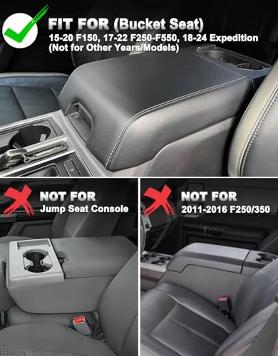 Center Console Cover for 2015-2020 F150 Accessories, F250 F350 F450 2017-2022, Expedition 2018-2024, PU Leather Middle Armrest Cusion Protector, Bucket Seat Only, Anti-Scratch, Black-Gray Stitch - size: Bucket Seat, 17-22 F250-F450, gray stitch