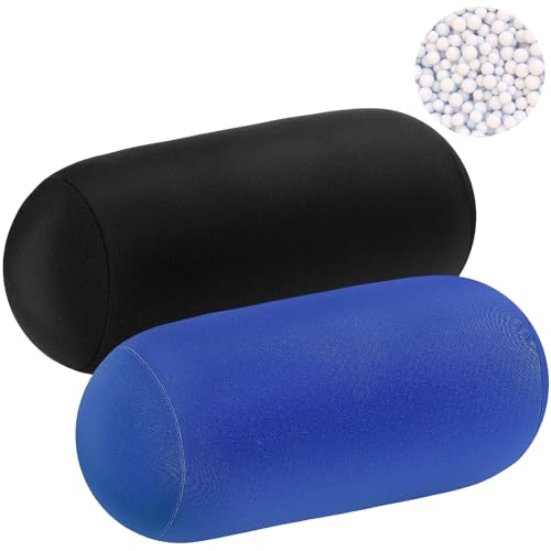 Geelin 2 Pcs Bead Roll Pillow 11.8 x 6.3 Inch Soft Bolster Cylindrical Pillow for Sleeping Home Travel Neck Head Back Support Rest(Black, Blue) - color: Black, Blue