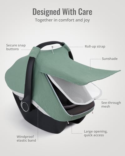 Blissful Diary Baby Car Seat Cover, Extra Large Mesh Window, Breathable Muslin Cotton, Infant Windproof Canopy, Must-Have Baby Gift - Roman Green - color: Roman Green