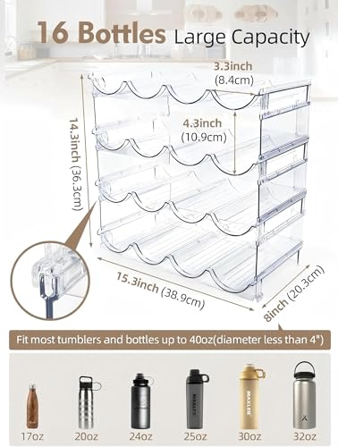 Stackable Water Bottle Organizer, 4-Tier Clear Large Compartment Holder with Stable One-Piece Side-Panel Design, Prevents Tipping & Rolling for Cabinet & Kitchen Storage, Holds 16 Bottles