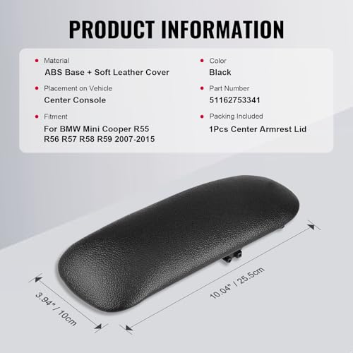 Bacar Arm Rest Cover 51162753341 Center Console Arm Rest Lid Replacement Leather Armrest Cover Black for BMW for Mini Cooper R55 R56 R57 R58 R59 2010 2011 2012 2013 2014 2015 2007-2009