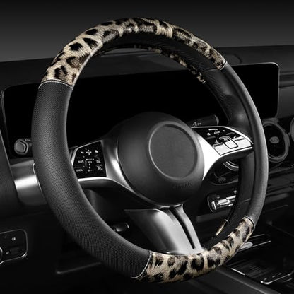 CAR PASS Leopard Print Faux Leather Car Seat Covers & Leopard Car Mats&Leopard Steering Wheel Cover Seat Belt Universal Car Accessories for SUV,Van,Saden,Truck Automobile Interior Sets(Gold Black) - color: Leopard Gold combo