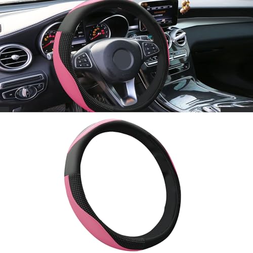 Car Steering Wheel Cover with Inner Circle, Upgraded 15 inch Leather Steering Wheel Protector for Men Women, Anti-Slip Breathable Car Interior Accessories for Most Cars (Pink) - color: Pink