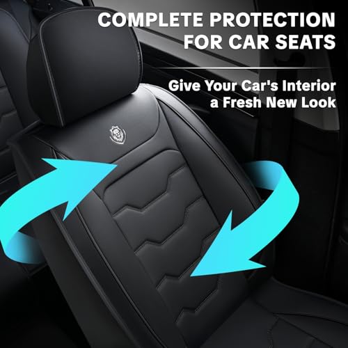 Black Car Seat Covers Complete Set, Universal Car Seat Covers for Cars, Premium Waterproof Leather, Protect & Upgrade Car Interiors, Airbag Compatible, Easy to Install & Clean Up - color: black