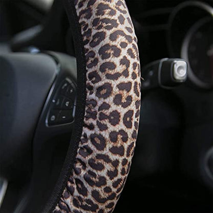 4 Pieces Leopard Cheetah Print Steering Wheel Cover Set with Car Cup Holder & Quarter Keyring, Universal Fit 14-15.5 inches, Leopard Cheetah Print Car Accessories Set - color: Leopard