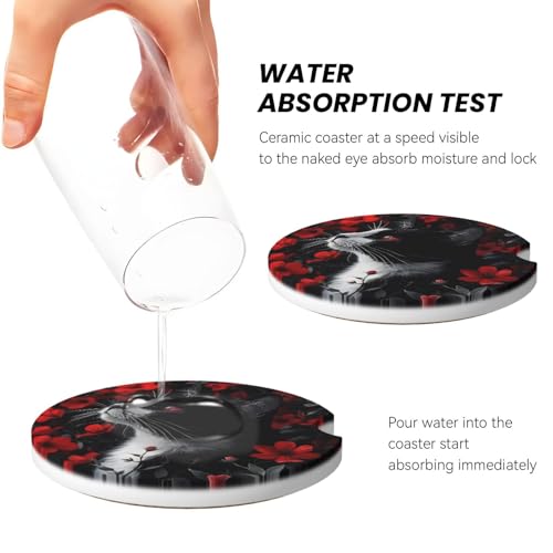 Absorbent Ceramic Car Coasters for Cup Holders, Black Cat Red Flower Design 2.56" Anti Slip Universal Drink Cup Coasters for Women Men (2 Pack) - color: Black Cat Red Flower