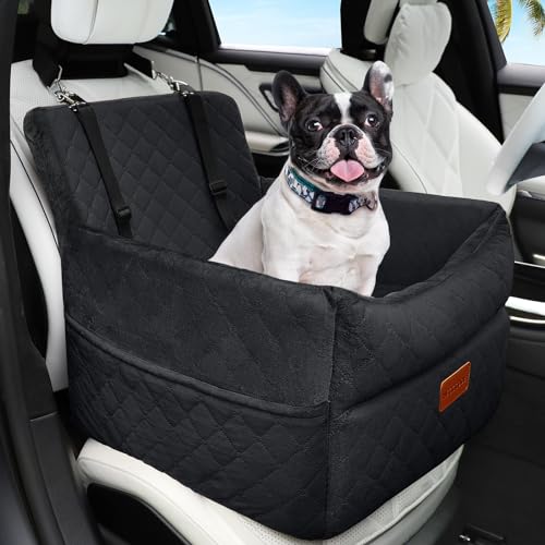 Small Dog Car Seat, Memory Foam Dog Booster Car Seats with Thick Cushion for Medium Dogs Under 35lbs, Detachable Washable Dog Bed for Car, Pet Carseat with Storage Pockets,2 Safety Belts - color: Black