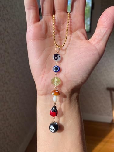 Evil Eye Car Hanging Ornament,Good Lucky Days Car Charm,8 Ball Mushroom Four-Leaf Clover Pendant for Car Rear View Mirror,Cute Boho Evil Eye Ladybug Yin Yang Symbol Decor Accessories